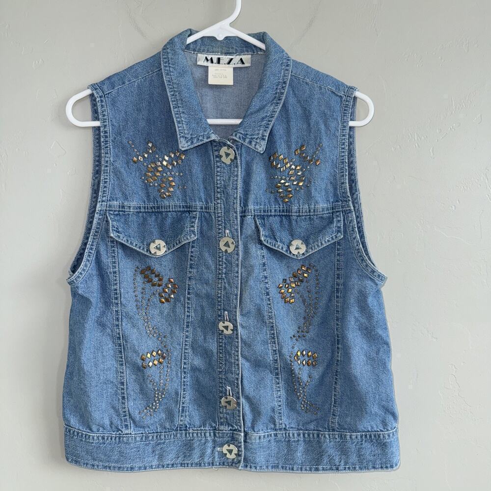 Vintage 90’s Denim Jean Western Vest Woman’s Sz S By M.E.Z.A Turquoise Beaded